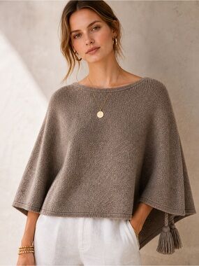 Alicia Adams Baby Alpaca Poncho Sweater Knit Cape Tan One Size